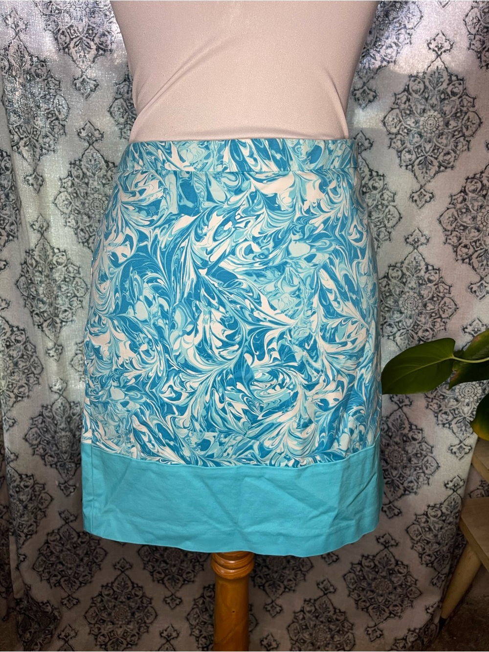Michael Kors Turquoise and White Marble-Print Skirt